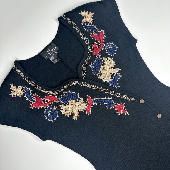 Vintage Carole Little Sweater Dress Midi Beaded Ethnic Embroidery Asymmetrical - Picture 4 of 8